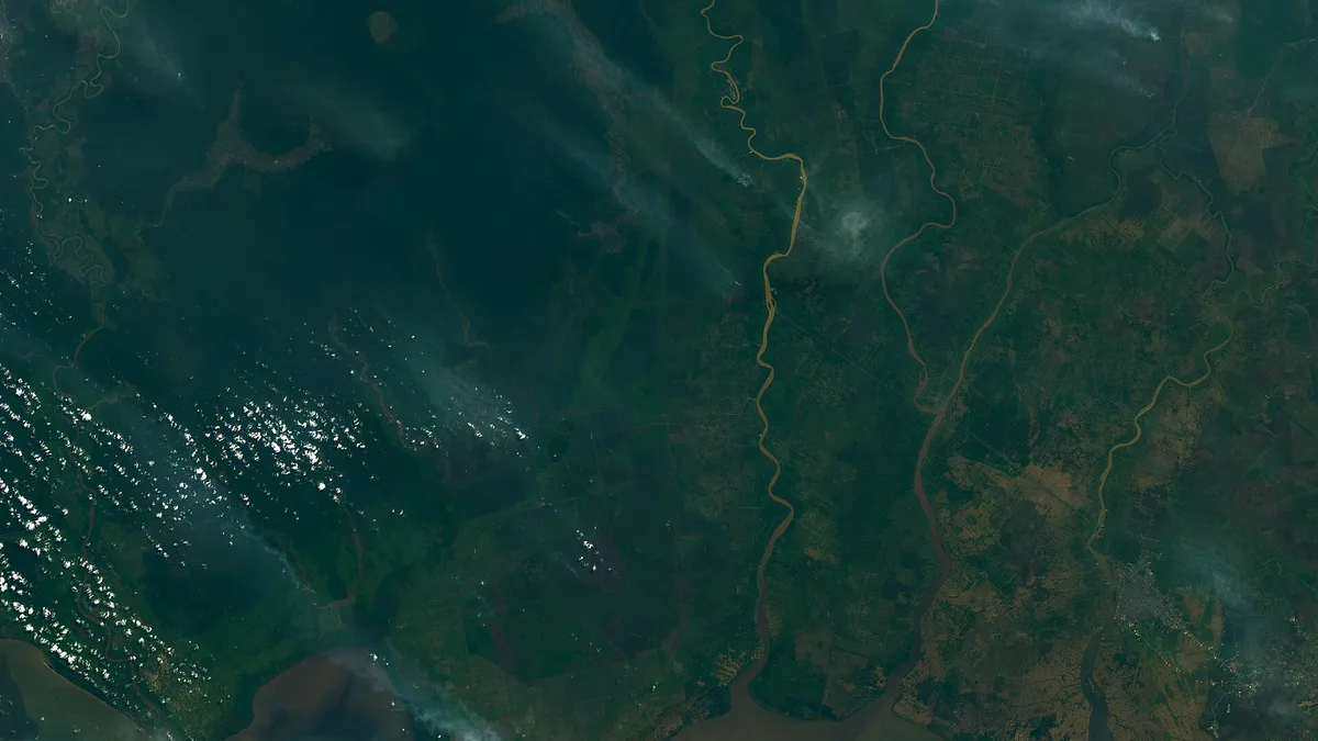 Citra satelit Landsat 8 yang merekam sebaran titik api dan kepulan asap kebakaran hutan di Kalimantan