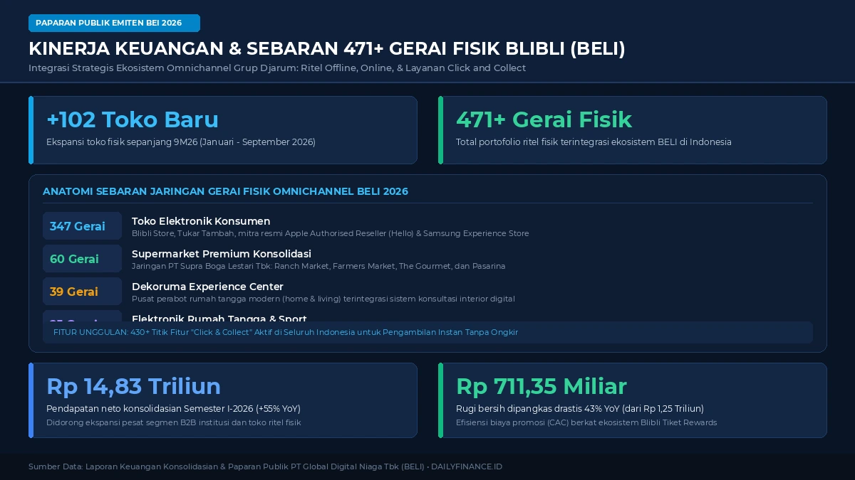 Infografik Sebaran Portofolio Toko Fisik dan Kinerja Keuangan PT Global Digital Niaga Tbk (Blibli) 2026