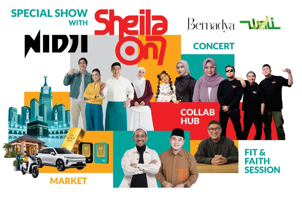 Poster panggung hiburan dan aktivitas BSI International Expo 2026 menampilkan Sheila On 7, Nidji, Bernadya, dan Wali