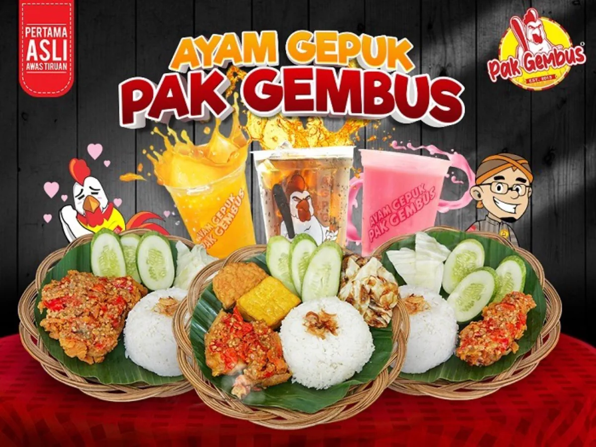 Banner resmi Ayam Gepuk Pak Gembus dengan paket menu ayam gepuk sambal kacang mede