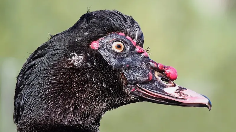 Entok Muscovy dewasa berbulu hitam dan putih sebagai ilustrasi ternak entok yang dibudidayakan untuk pasar penghobi dan kontes