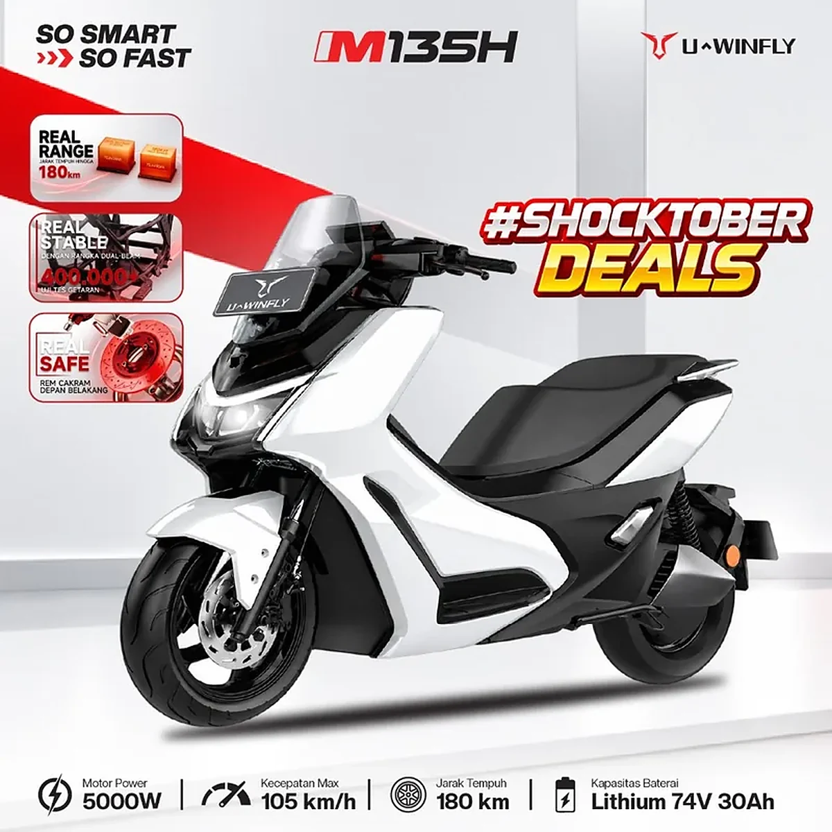 Uwinfly M135H motor listrik 5000W dengan range 180 km dual baterai lithium 74V 30Ah